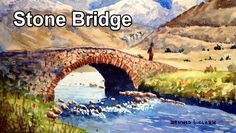 a painting of a stone bridge with mountains in the background