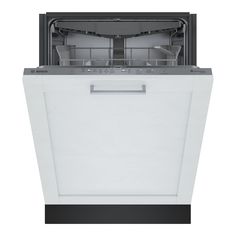 an empty dishwasher on a white background