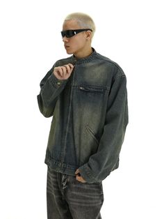 Model is 5ft 9''(176cm) tall, 145 lbs(66kg) weight and wearing a size L168cm 59kg wearing a size M - DENIM- BLUE- Zip-up- Motorcycle style- Loose fit Denim Biker Jacket With Pockets, Denim Long Sleeve Biker Jacket For Streetwear, Denim Long Sleeve Biker Jacket With Pockets, Casual Denim Biker Jacket For Streetwear, Urban Denim Biker Jacket With Pockets, Casual Blue Biker Jacket With Pockets, Biker Style Long Sleeve Denim Jacket For Streetwear, Casual Long Sleeve Distressed Biker Jacket, Casual Distressed Biker Jacket