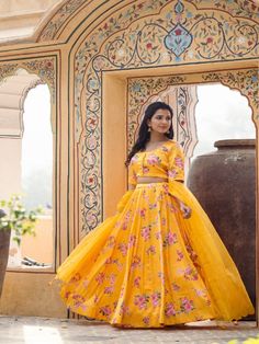 This Set Has Choli, Lehenga & Dupatta. Floral printed lehenga with organza sequins hand work dupatta Color: Yellow Fabric: Lehenga & Blouse- Satin Dupatta - Organza Product Details: Neck Type - Round neck Top Length - 14-15 inches Bottom Length - 40-42 inches Sleeve Length - 12 inches Note: The product will be delivered within 2-4 weeks of order placed Wash Care - Dry clean only Measurements: XXS : Chest = 32 | Waist = 28 | Hip = 34 XS : Chest = 34 | Waist = 30 | Hip = 36 S : Chest = 36 | Waist Hand Work Dupatta, Satin Dupatta, Satin Lehenga, Blouse Satin, Printed Lehenga, Lehenga Dupatta, Lehenga Blouse, Round Neck Top, Satin Blouses