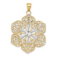 This stunning jewelry piece is the 14k Yellow Gold Rhodium Diamond Cut Filigree Pendant. Made with high quality 14k yellow gold, it weighs 4.46 grams and measures 50mm in length and 35mm in width. The pendant features solid construction with intricate filigree designs enhanced by diamond cut accents. Crafted through a casting process, this pendant is a unique and beautiful addition to any jewelry collection. It is sold individually and boasts a vibrant yellow gold color that will add a touch of Yellow Gold Color, Jewellery Sketches, Filigree Pendant, Filigree Design, Gold Filigree, Stunning Jewellery, Fine Jewelry Gift, Selling Jewelry, Diamond Cut