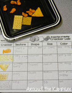 crackers and cheese are on the table next to a tray full of crackers