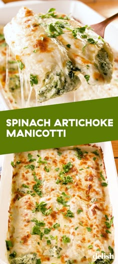 spinach artichoke manicotti casserole in a white dish