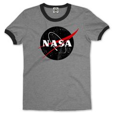 Black Official NASA Logo Men's Ringer T-Shirt in Black Tri-blend T-shirt With Band Logo And Crew Neck, Tri-blend Crew Neck T-shirt With Band Logo, Retro Tri-blend Black T-shirt, Fan Merchandise Cotton Logo T-shirt, Retro Black Tri-blend T-shirt, Unisex Cotton T-shirt With Band Logo, Cotton Tri-blend Tops With Band Logo, Nasa Logo, Steamboat Willie