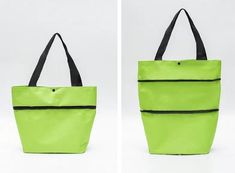 two pictures of a lime green tote bag