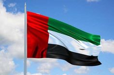 the flag of united arab emirates flying high in the blue sky with fluffy white clouds