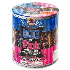 a blue and pink tin with fireworks in it