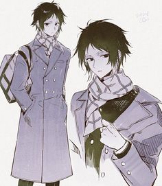 two anime characters standing next to each other in front of a white background and one is wearing a trench coat