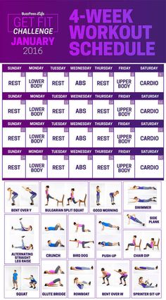 the 4 - week workout schedule is shown in purple and white, with images of people doing