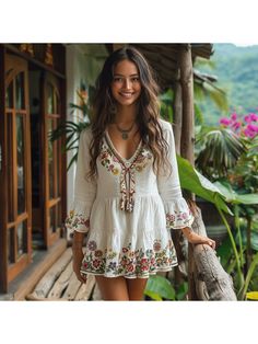 Women Elegant Dresses, Women's Summer V-neck Retro Tropical Style Long-sleeved Dress And Short Skirt Long Sleeve V-neck Dress For Summer Vacation, Summer V-neck Dress With 3/4 Sleeves, Casual Summer Long Sleeve Mini Dress, V-neck Mini Dress With Floral Embroidery For Vacation, Floral Embroidered V-neck Mini Dress For Vacation, Floral Embroidery V-neck Mini Dress For Vacation, V-neck Mini Dress With Floral Embroidery For Beach, V-neck Floral Embroidery Mini Dress For Beach, Floral Embroidered V-neck Mini Dress For Beach