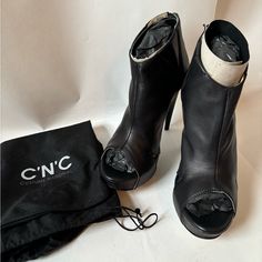 Cnc Costume National Leather Ankle Booties - Black, Size 39. These Have A 5inch Heel With 1.5inch Platform. Made In Italy. Never Worn; New Without Box. Dust Bag Included. Chic High Heel Platform Booties, Chic Platform Booties With Closed Toe, Chic Open Toe Heeled Boots With Reinforced Heel, Chic Closed Toe Platform Booties, Chic Booties With Reinforced Heel For Night Out, Chic Night Out Booties With Reinforced Heel, Chic Evening Heeled Boots With Open Toe, Leather Open Toe Booties For Night Out, Open Toe Leather Booties For Night Out