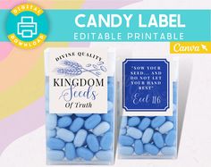 two candy bags with blue candies in them and a label for the printable