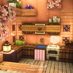 the kitchen is decorated in minecraft style