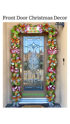 the front door is decorated for christmas with colorful bows and candy canes on it