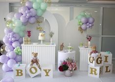 baby shower decorations with balloons and teddy bears