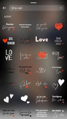 an iphone screen with many different types of writing on the screen, including hearts and words