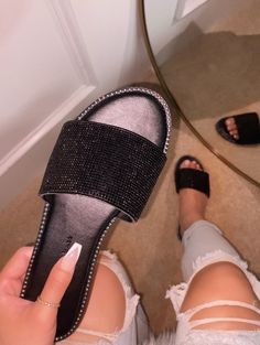 Camille Sandal - Black – Rella Baddie Sandals, Girly Sandals, Cute Slides, Pretty Sandals, Glitter Flats, Sandal Online, Girly Shoes, Rhinestone Decor, Cute Sandals