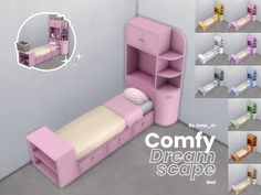 this is an image of a bedroom with pink furniture and accessories in different color combinations