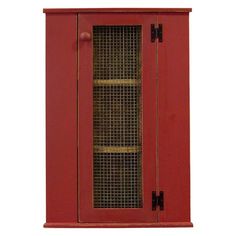 a red cabinet with metal mesh doors on the front and bottom shelves, against a white background