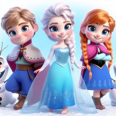 two girls and one boy are dressed up as frozen princesses in the snow with their arms around each other