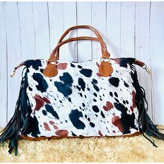 Cow Print Travel Bag Cute Car Accessories, Side A, Golf Tournament, Leather Fringe, Cute Cars, Hand Bags, Cow Print, Beautiful Bags, Zip Top