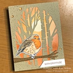 a card with an image of a bird on a tree branch in the background and text that reads, with gratitude