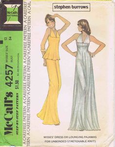 1970s McCall's 4257 Vintage Sewing Pattern - Stephen Burrows - Misses' Dress or Lounging Pajamas - for Unbonded Stretchable Knits: Pullover dress or pajama top has high cut armholes, and collar cut in one with fronts. Pants have elastic in waistline casing. Dress and lounging pajamas have stitch trim. Size: 12 Bust: 34 Waist: 26 1/2 Hip: 36 Copyright: 1974 Pattern is: Partially cut and complete; dress or top cut to the longest length; pants have not been cut Envelope condition: Lightly tanned; s Stephen Burrows, Midi Top, 70s Sewing Patterns, Racer Back Dress, 1970s Sewing Patterns, Patron Vintage, Pajama Pattern, Fashion Artwork, Costume Patterns