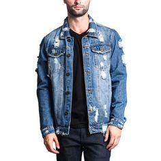 The classic denim jacket is here for a comeback! Now offered in distressed wash, this will be your new go-to outerwear that looks great on it's own, layered over a hoodie, or a graphic tee. It is equipped with front button-flap pockets and side welt pockets. The wrist cuffs and side hem have button closure for perfect adjustment. This Victorious brand trucker jean jacket is an essential piece in every guy's wardrobe. Size: L.  Color: Blue. Faded Denim Jacket, Slim Fit Coat, Guayabera Shirt, Mens Fashion Edgy, Classic Denim Jacket, Casual Outerwear, Distressed Denim Jacket, Faded Denim, Pocket Jacket