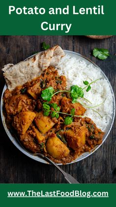 potato and lentil curry in a white bowl with rice on the side, garnished with cilantro