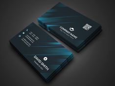 two dark business cards with blue and black lines on the front, one is folded in half