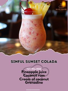 an advertisement for a drink with pineapple and coconut on the side, in front of a pink background