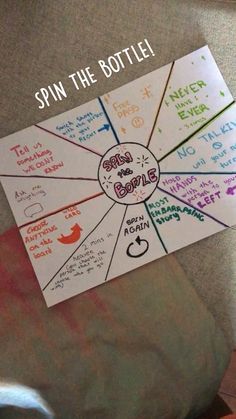 a person holding up a sign with the words spin the bottle written on it in different languages