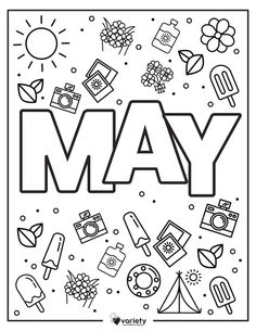 the word may surrounded by doodles and other things in black and white coloring pages