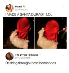 a woman wearing a red santa hat with white fur on it's head and the caption, i made a santa durag lol