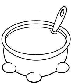 a bowl with a spoon in it and some balls on the ground around it coloring page