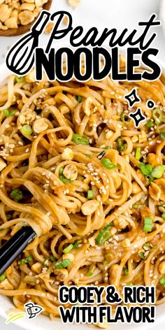 the cover of peanut noodles with cashews and sesame seeds on top is shown