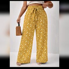 These Pants Are So Adorable But Unfortunately I Did Not Like How They Looked On Me. They Have Only Been Tried On And Never Worn Out. Come With A Tie Belt And Are High Waisted. Yellow Floral Print Vacation Pants, Yellow Floral Print Cotton Pants, Yellow Floral Print Long Pants, Shein Pants, Floral Pants, So Adorable, Pants Color, Ditsy Floral, Tie Belt