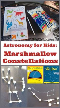 the cover of astronomy for kids marshmallow constellations is shown in three different pictures