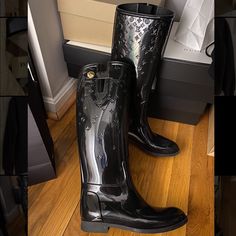 Luxury Black Knee-high Boots, Designer Waterproof Boots With Round Toe, Designer Black Knee-high Boots With Round Toe, Seamless Wallpaper, Rubber Boot, Louis Vuitton Shoes, Rubber Boots, Winter Rain, Authentic Louis Vuitton