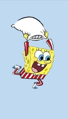 spongebob with a pillow hanging from his head