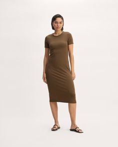 The Supima® Form Midi Dress Cocoa – Everlane Stretch Midi Dress With Short Sleeves For Work, Short Sleeve Stretch Midi Dress For Workwear, Fitted Midi Length T-shirt Dress For Summer, Fitted Crew Neck Midi Dress For Summer, Everlane Summer Midi Dress, Classic Bodycon Short Sleeve Midi Dress, Classic Bodycon Midi Dress With Short Sleeves, Flattering Short Sleeve Bodycon Dress For Spring, Classic Stretch Short Sleeve Midi Dress