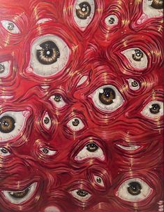 an abstract painting with many different colored eyes