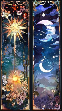 two stained glass windows with flowers and stars in the night sky, one has a shining star