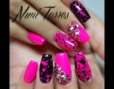 Vb Nail Designs Hot Pink, Splatter Nails, Hot Pink Nails, Crazy Nails, Black Nail Designs, Pink Nail Designs, Glam Nails