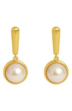 A signature brushed finish textures 22-karat-gold plating in these sleek drop earrings glistening with cultured pearls. 1" drop; 3/8" width Post back Pearl size: 9.5–10mm 22k-gold plate/cultured pearl Imported Classic Gold Long Drop Pearl Earrings, Modern Gold Long Drop Pearl Earrings, Pearl Size, Pearl Drop Earrings, Pearl Drop, 22k Gold, Cultured Pearls, Gold Plating, Dean