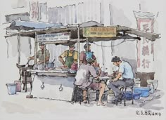 a watercolor drawing of people sitting at a food stand