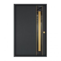 the front door is black and gold with a striped design on it's side