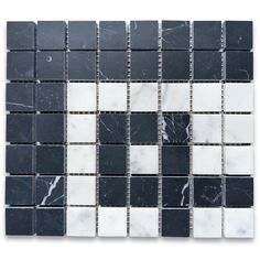 black and white marble mosaic tile with silver grouting on the edges, set against a white background