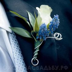 a boutonniere with blue flowers and greenery on it's lapel