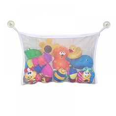 an image of stuffed animals in a mesh bag on a white background with clippings